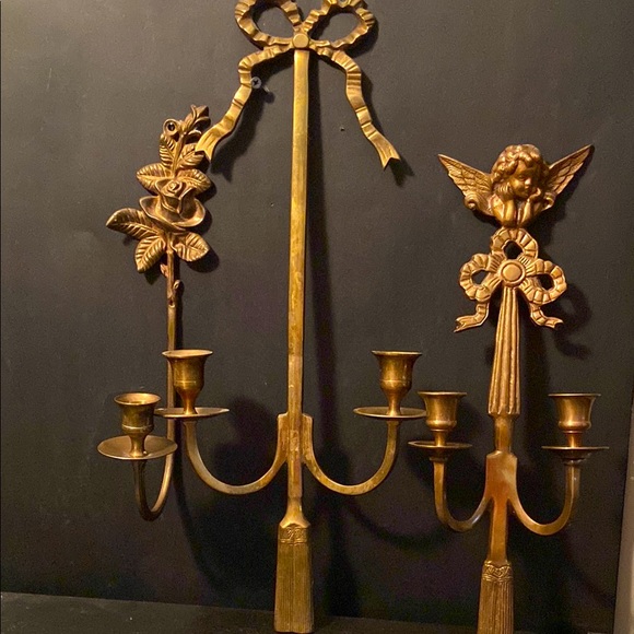Lot of 3 VTG Brass Wall Hanging Candle Taper Holders Bow Cupid Head Rose Accents